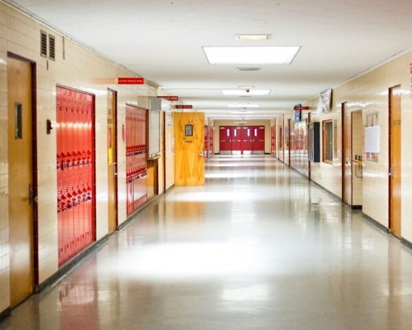 Wood and hollow metal doors with door lites in a high school.
